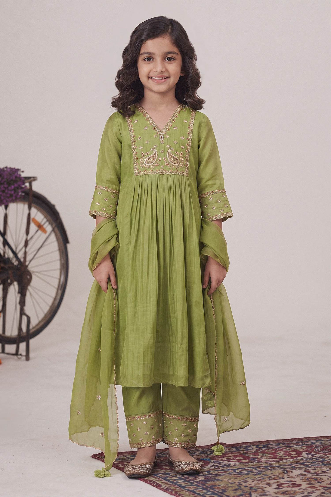 Hirika &amp; Dhruti Green Anarkali Gajji Silk, Dupatta Organza, Pant Paisley Embroidered Set For Kids