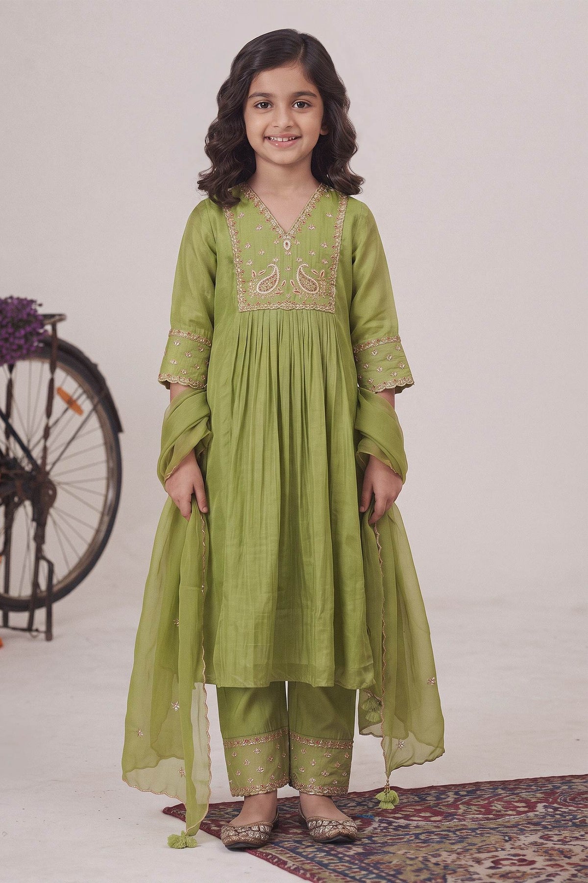 Hirika &amp; Dhruti Green Anarkali Gajji Silk, Dupatta Organza, Pant Paisley Embroidered Set For Kids