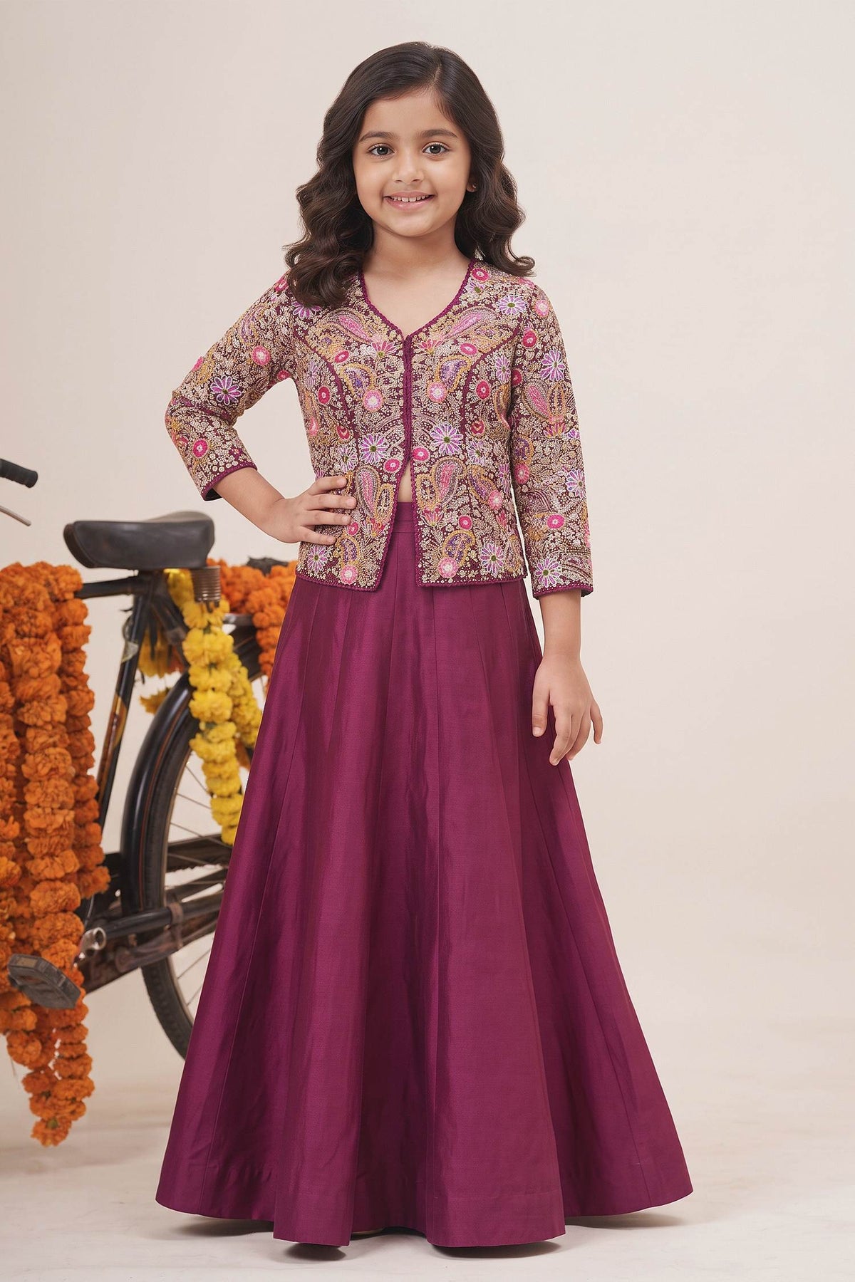 Buy Hirika &amp; Dhruti Purple Silk Chanderi Sequin, Paisley Bloom Embroidered Jacket Blouse With Lehenga For Kids at Aza Fashions