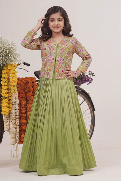 Buy Hirika &amp; Dhruti Green Silk Chanderi Sequin, Beads Bloom Embroidered Jacket Blouse With Lehenga For Kids at Aza Fashions