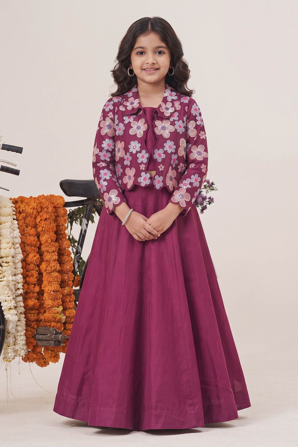 Buy Hirika &amp; Dhruti Pink Gajji Silk Floral Beads Blossom Embroidered Jacket Lehenga Set For Kids at Aza Fashions