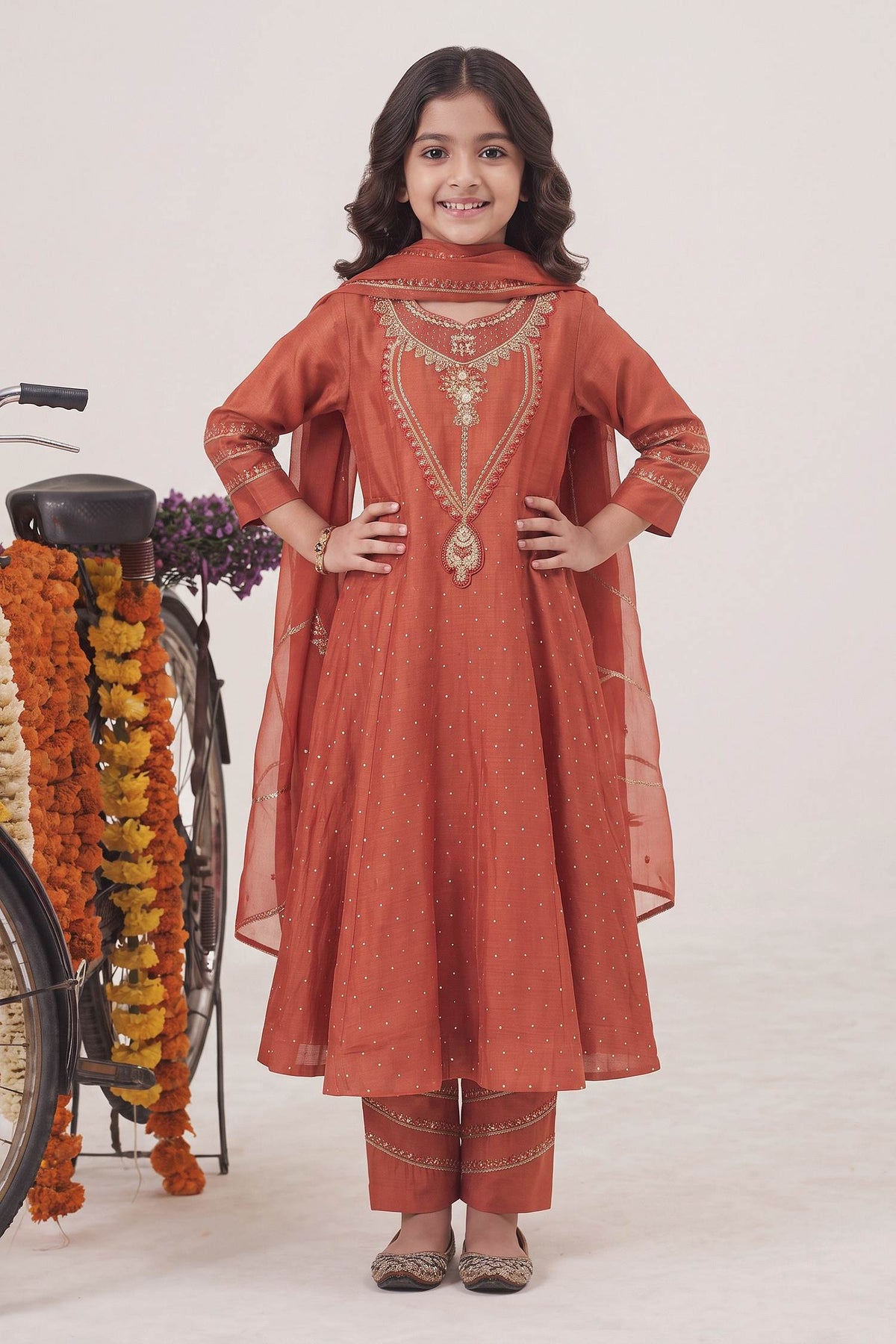 Buy Hirika &amp; Dhruti Orange Anarkali Silk Chanderi, Dupatta Organza, Pant Hand Embroidered Set For Kids at Aza Fashions