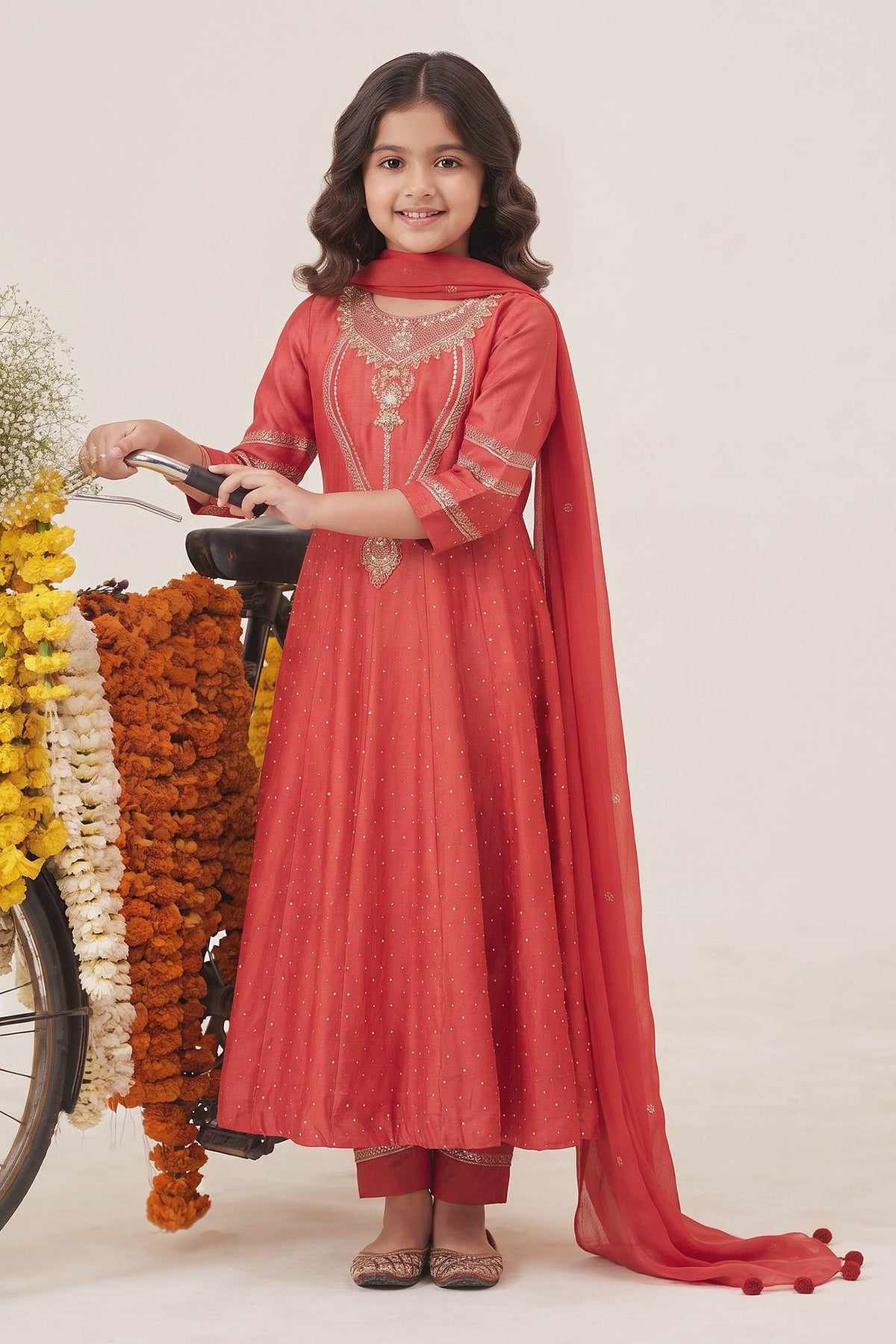 Buy Hirika &amp; Dhruti Red Anarkali Silk Chanderi, Dupatta Organza, Pant Cotton Zardosi, Work Set For Kids at Aza Fashions