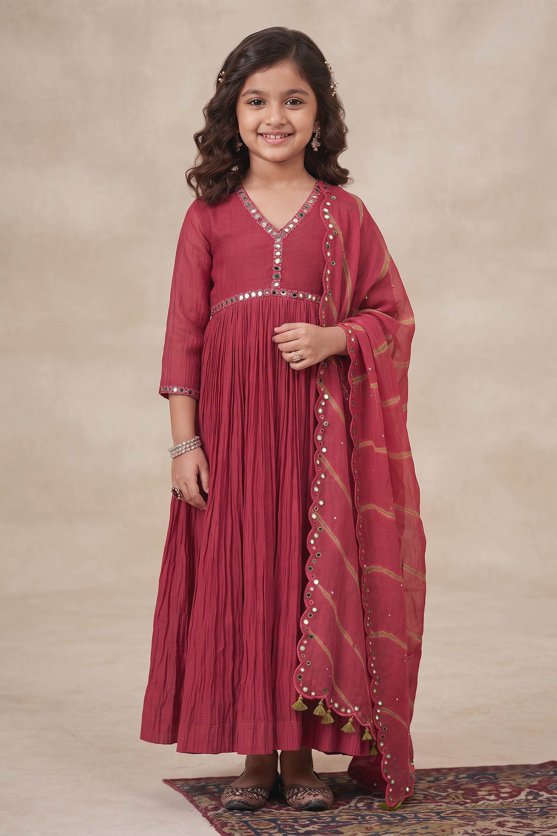 Buy Hirika & Dhruti Maroon Anarkali Malai Chanderi, Dupatta Organza Leheriya Embroidered With For Kids at Aza Fashions