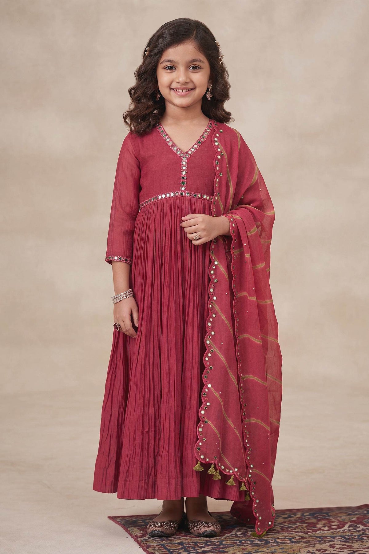 Buy Hirika &amp; Dhruti Maroon Anarkali Malai Chanderi, Dupatta Organza Leheriya Embroidered With For Kids at Aza Fashions