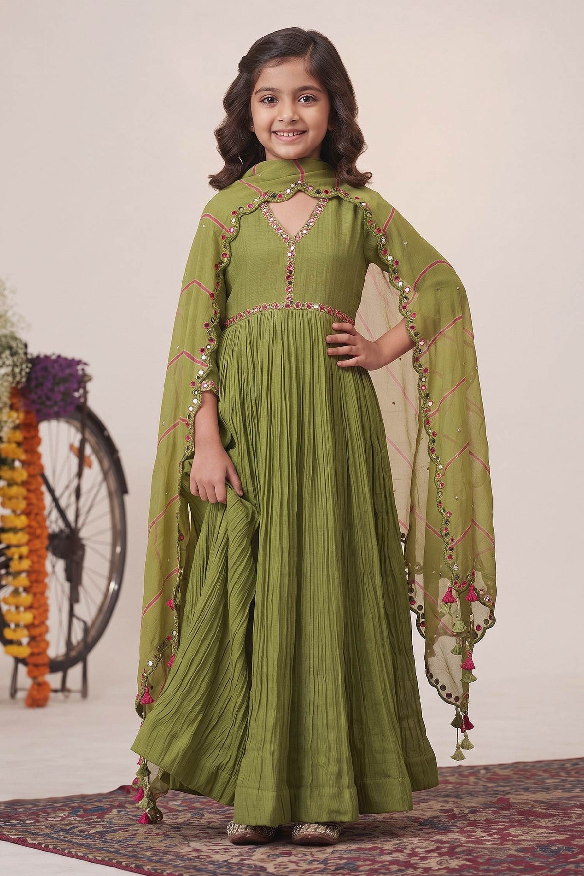 Buy Hirika &amp; Dhruti Green Anarkali Malai Chanderi, Dupatta Organza Pleated Embroidered With For Kids at Aza Fashions