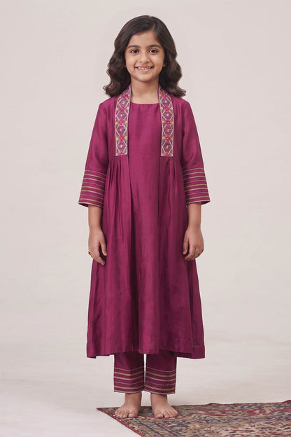 Buy Hirika &amp; Dhruti Magenta Pant Cotton, Inner Anarkali And Jacket Silk Chanderi Embroidered Set For Kids at Aza Fashions