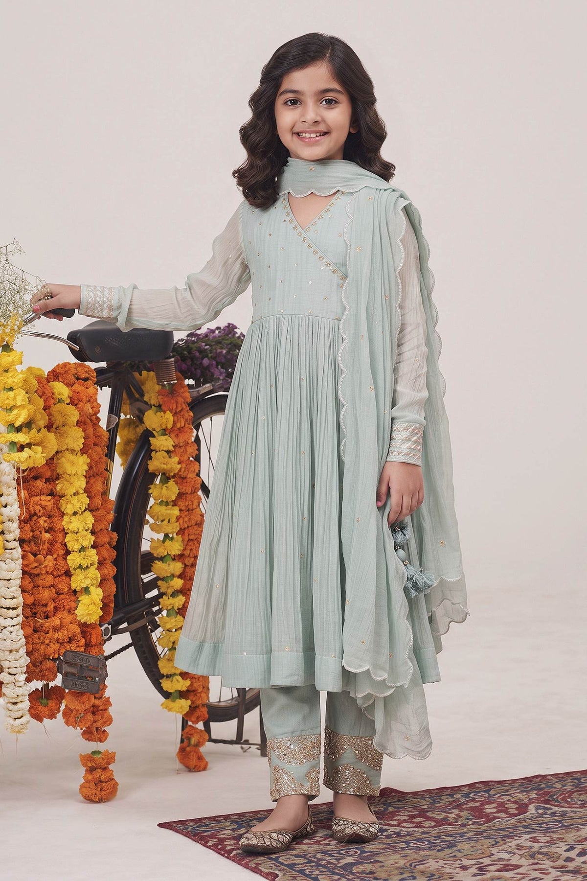 Buy Hirika &amp; Dhruti Blue Malai Chanderi Zardosi, Metal Tikki Embroidered Anarkali Pant Set For Kids at Aza Fashions