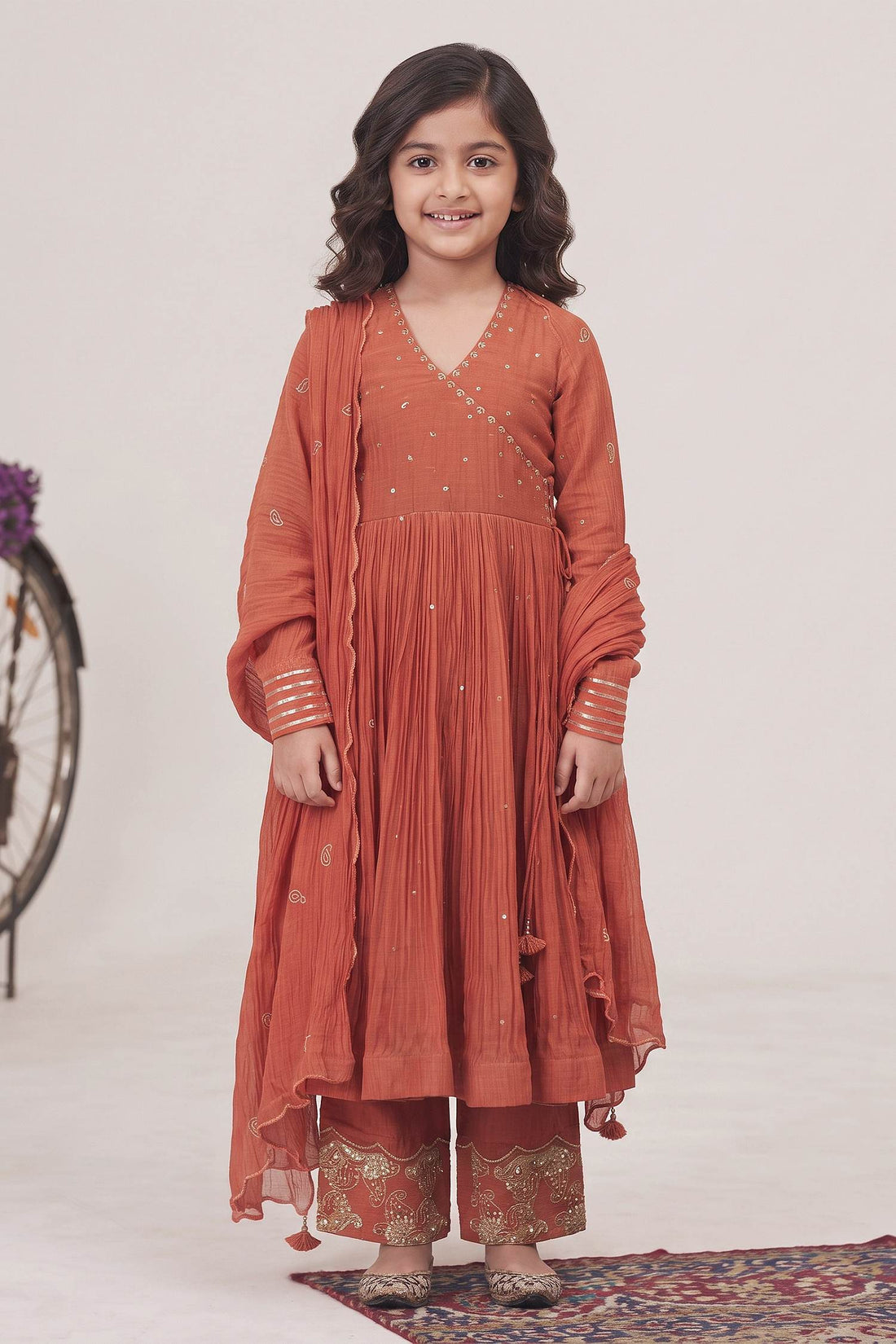 Buy Hirika & Dhruti Orange Malai Chanderi Zardosi, Metal Tikki Embroidered Anarkali Pant Set For Kids at Aza Fashions