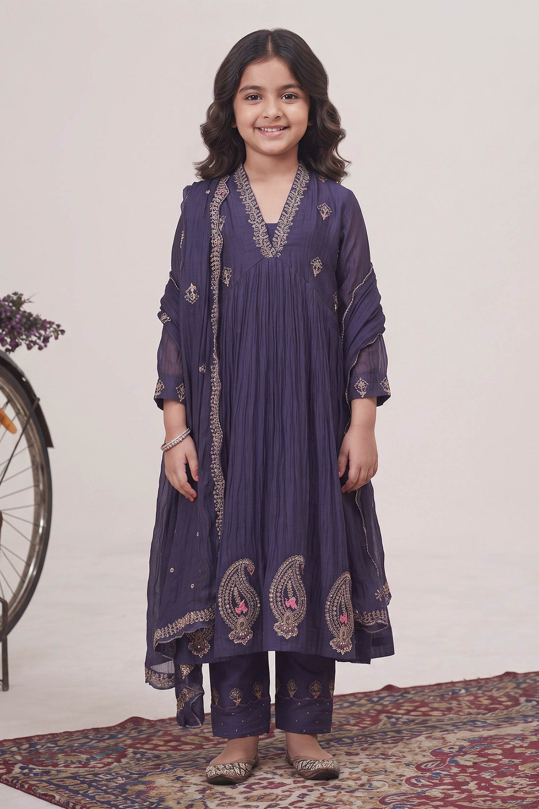 Hirika & Dhruti Purple Malai Chanderi Marodi Work Anarkali Pant Set For Kids