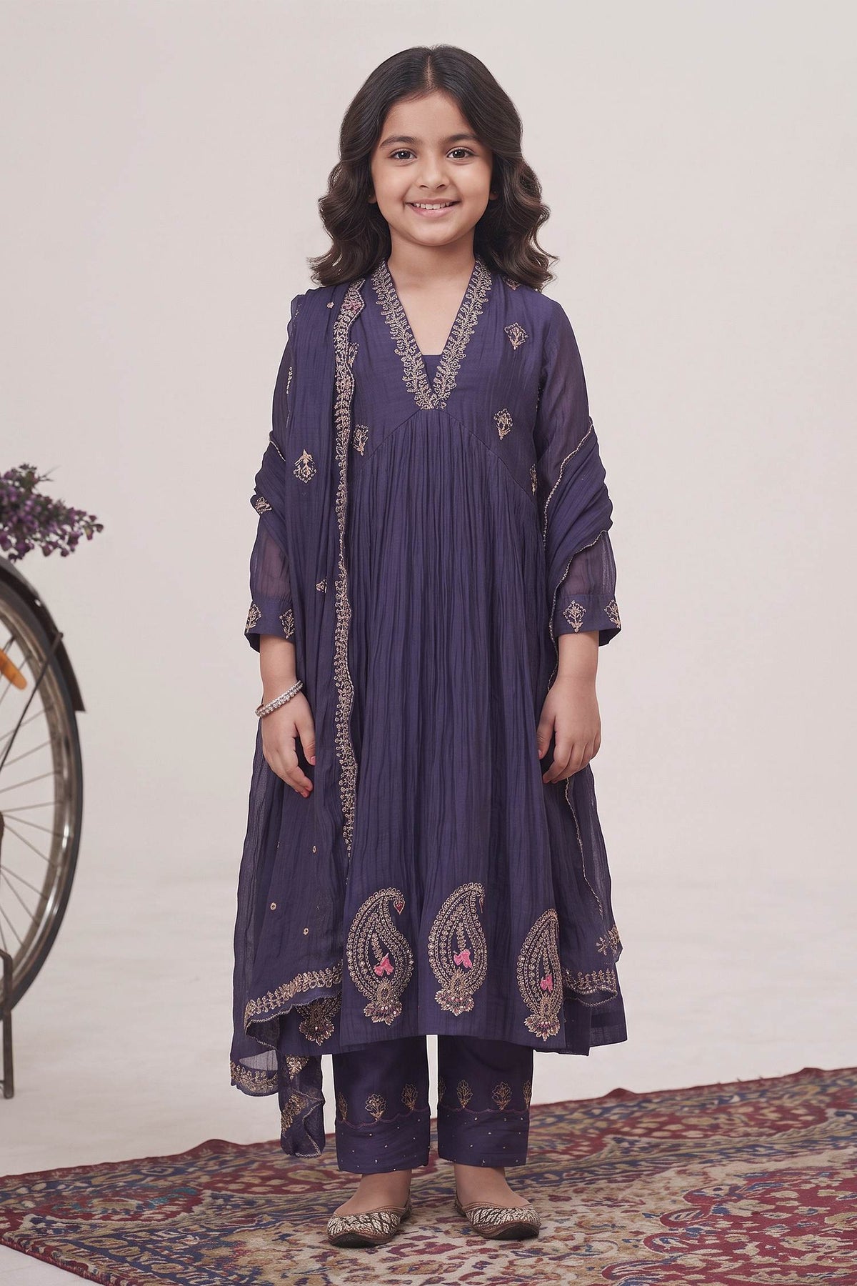 Hirika &amp; Dhruti Purple Malai Chanderi Marodi Work Anarkali Pant Set For Kids