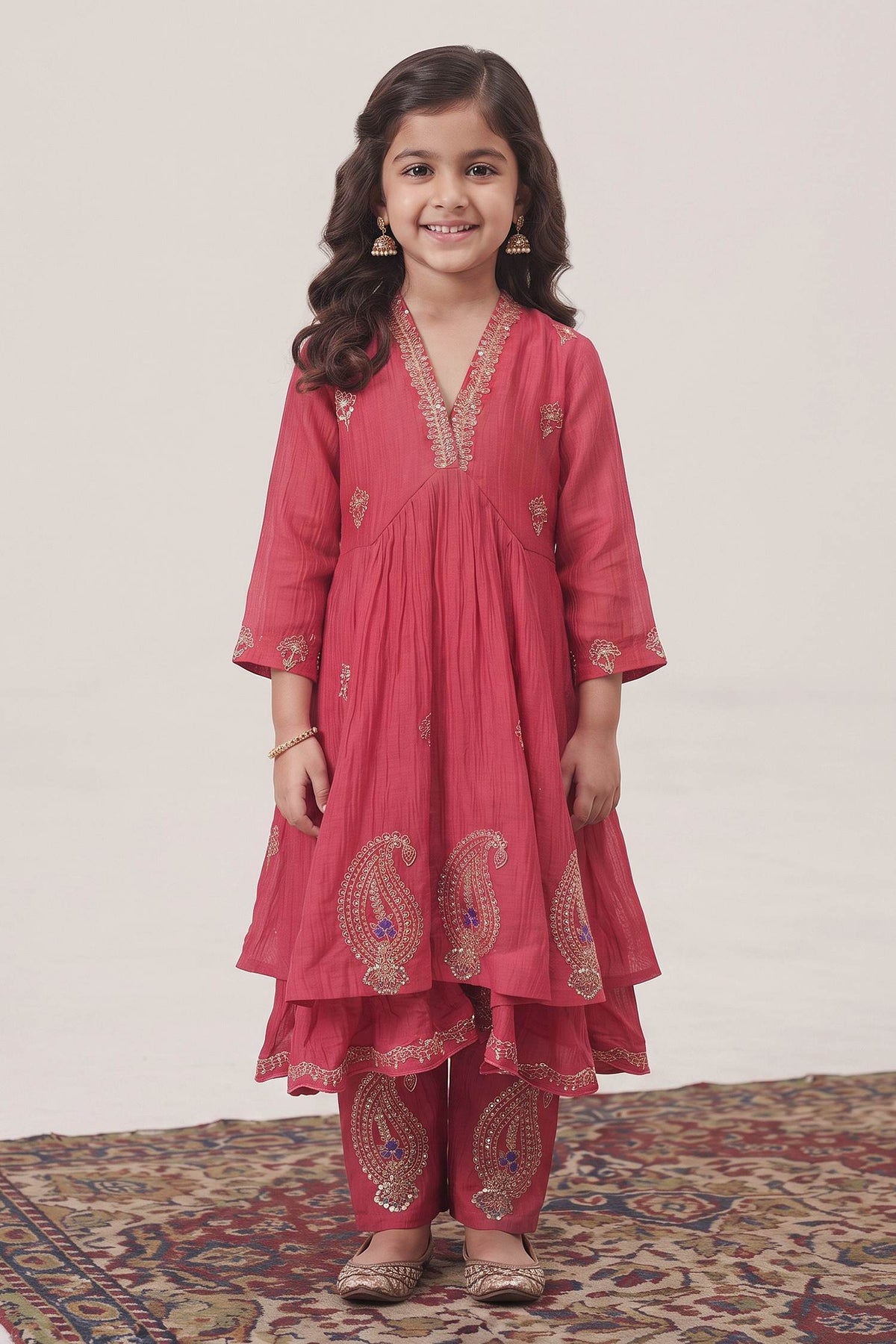 Buy Hirika &amp; Dhruti Pink Malai Chanderi Marodi Embroidered Anarkali Pant Set For Kids at Aza Fashions