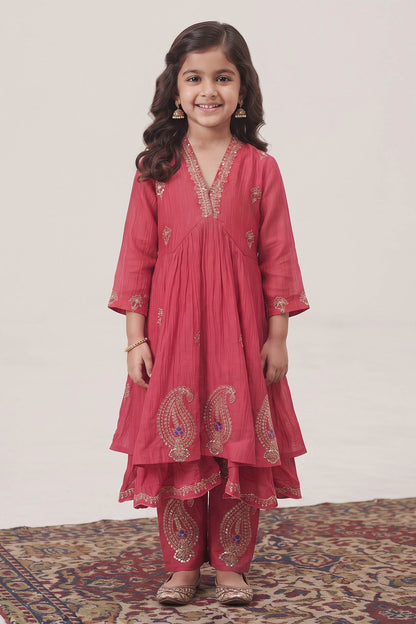 Buy Hirika &amp; Dhruti Pink Malai Chanderi Marodi Embroidered Anarkali Pant Set For Kids at Aza Fashions