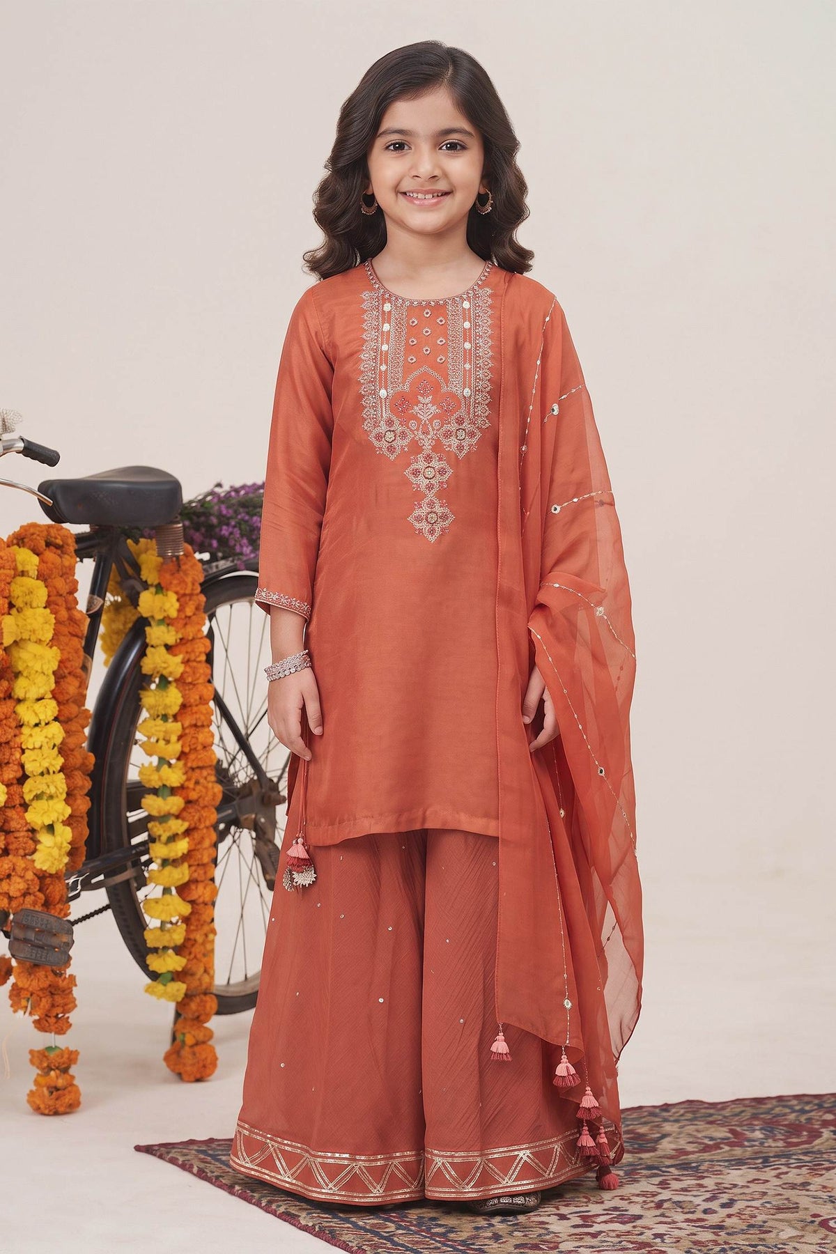 Buy Hirika &amp; Dhruti Orange Dupatta Organza, Kurta Gajji Silk, Sharara Hand Embroidered Set For Kids at Aza Fashions