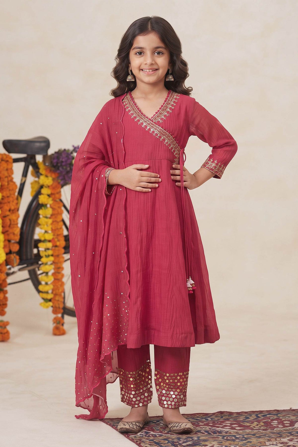 Buy Hirika &amp; Dhruti Pink Malai Chanderi Sequin, Thread Embroidered Angarkha Pant Set For Kids at Aza Fashions
