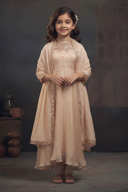 Buy Hirika &amp; Dhruti Beige Organza, Chinnon, Lycra French Knots, Scattered Embroidered Anarkali Set For Kids at Aza Fashions