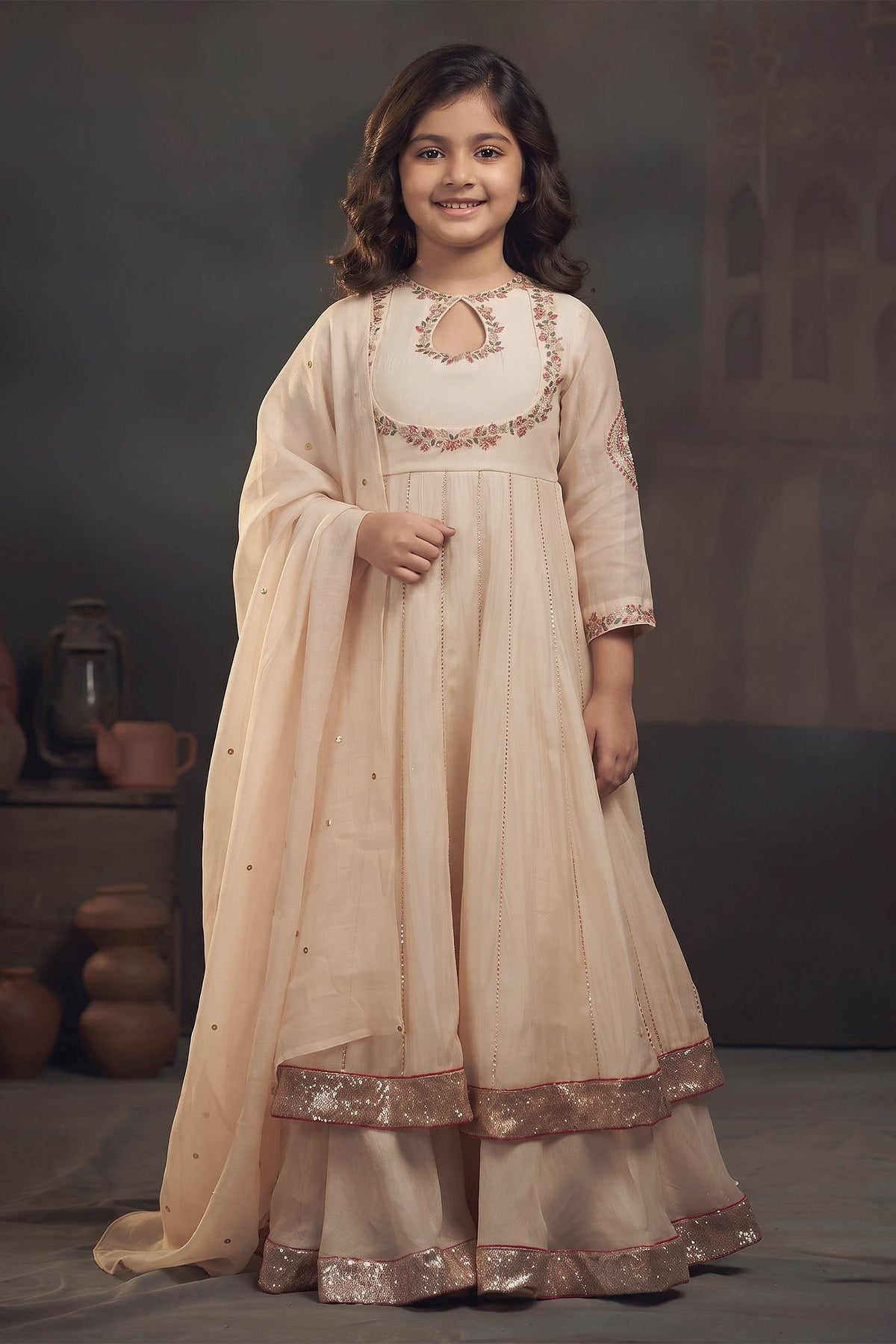 Buy Hirika &amp; Dhruti Beige Organza, Chanderi Floral, Sequins, Embroidered Kali Kurta Sharara Set For Kids at Aza Fashions