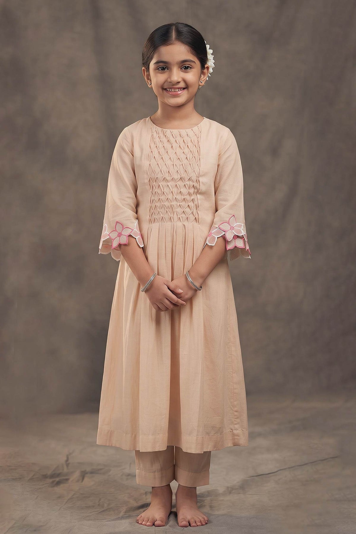 Buy Hirika &amp; Dhruti Beige Chanderi Smocked Gathered Kurta And Pant Set For Kids at Aza Fashions