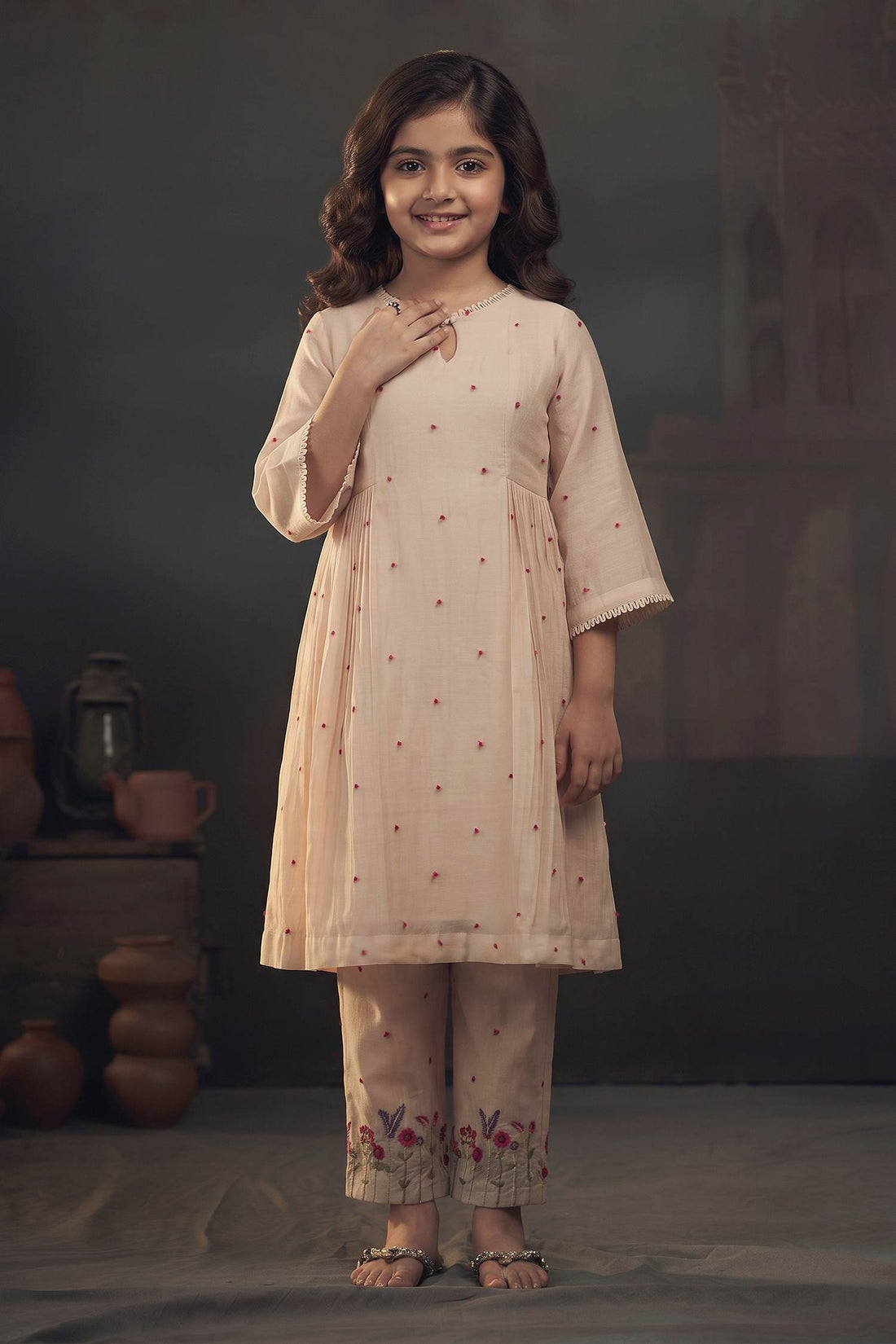 Buy Hirika & Dhruti Beige Chanderi Thread, Garden, Knots Kurta And Embroidered Pant Set For Kids at Aza Fashions