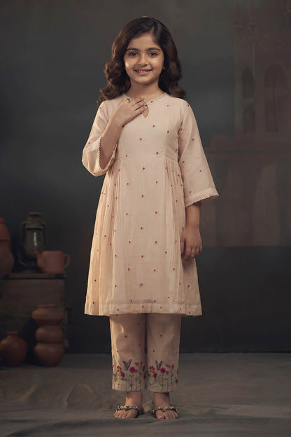 Buy Hirika &amp; Dhruti Beige Chanderi Thread, Garden, Knots Kurta And Embroidered Pant Set For Kids at Aza Fashions