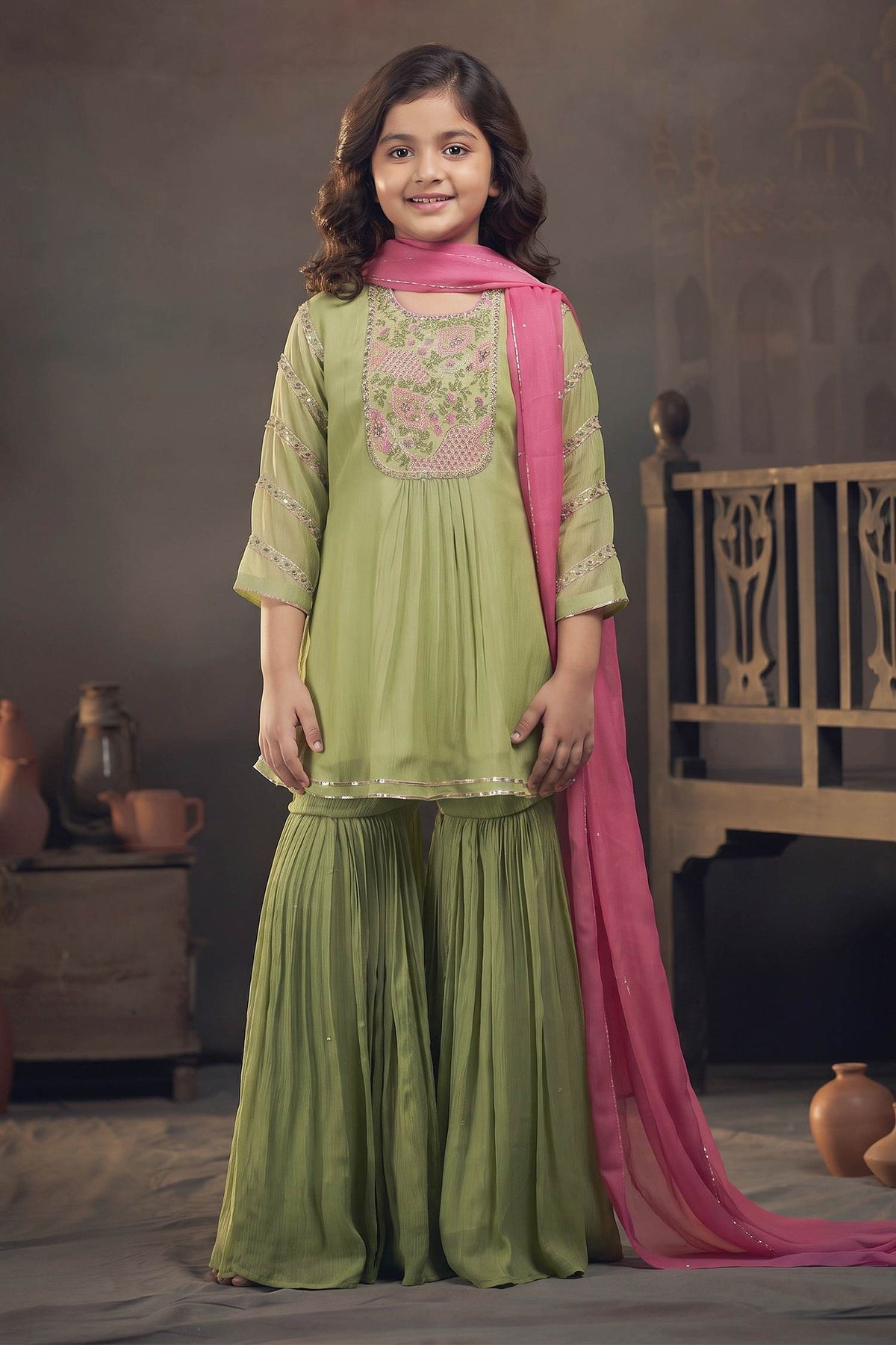 Buy Hirika &amp; Dhruti Green Chinnon Floral Embroidered Peplum Kurta Sharara Set For Kids at Aza Fashions