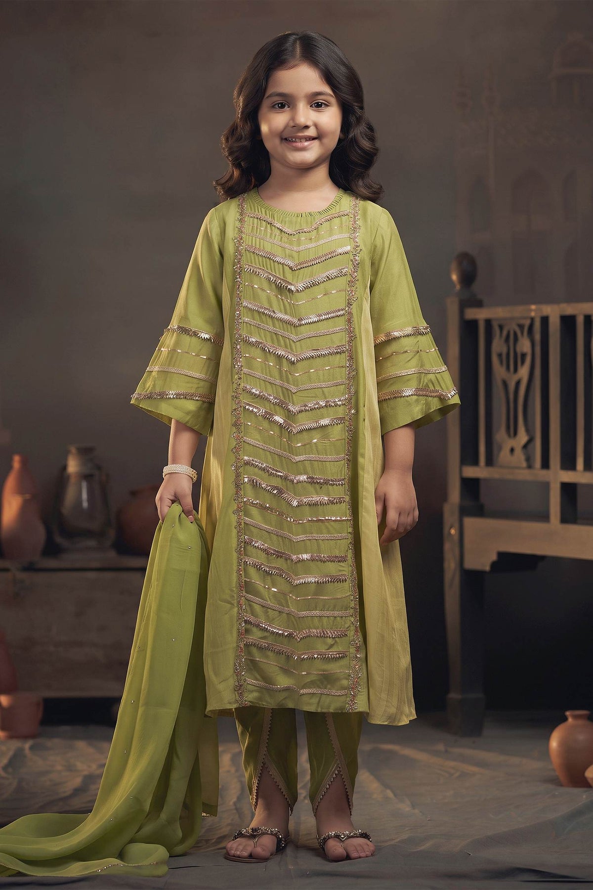 Buy Hirika &amp; Dhruti Green Organza, Cotton Silk Gota Embroidered Kurta Dhoti Pant Set For Kids at Aza Fashions