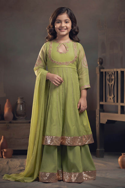 Buy Hirika &amp; Dhruti Green Organza, Chanderi Floral, Sequins, Embroidered Kali Kurta Sharara Set For Kids at Aza Fashions