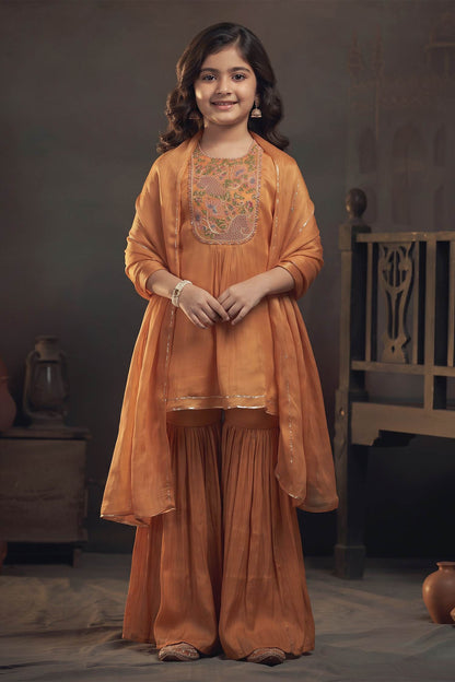 Buy Hirika &amp; Dhruti Yellow Chinnon Flower Embroidered Peplum Kurta Sharara Set For Kids at Aza Fashions