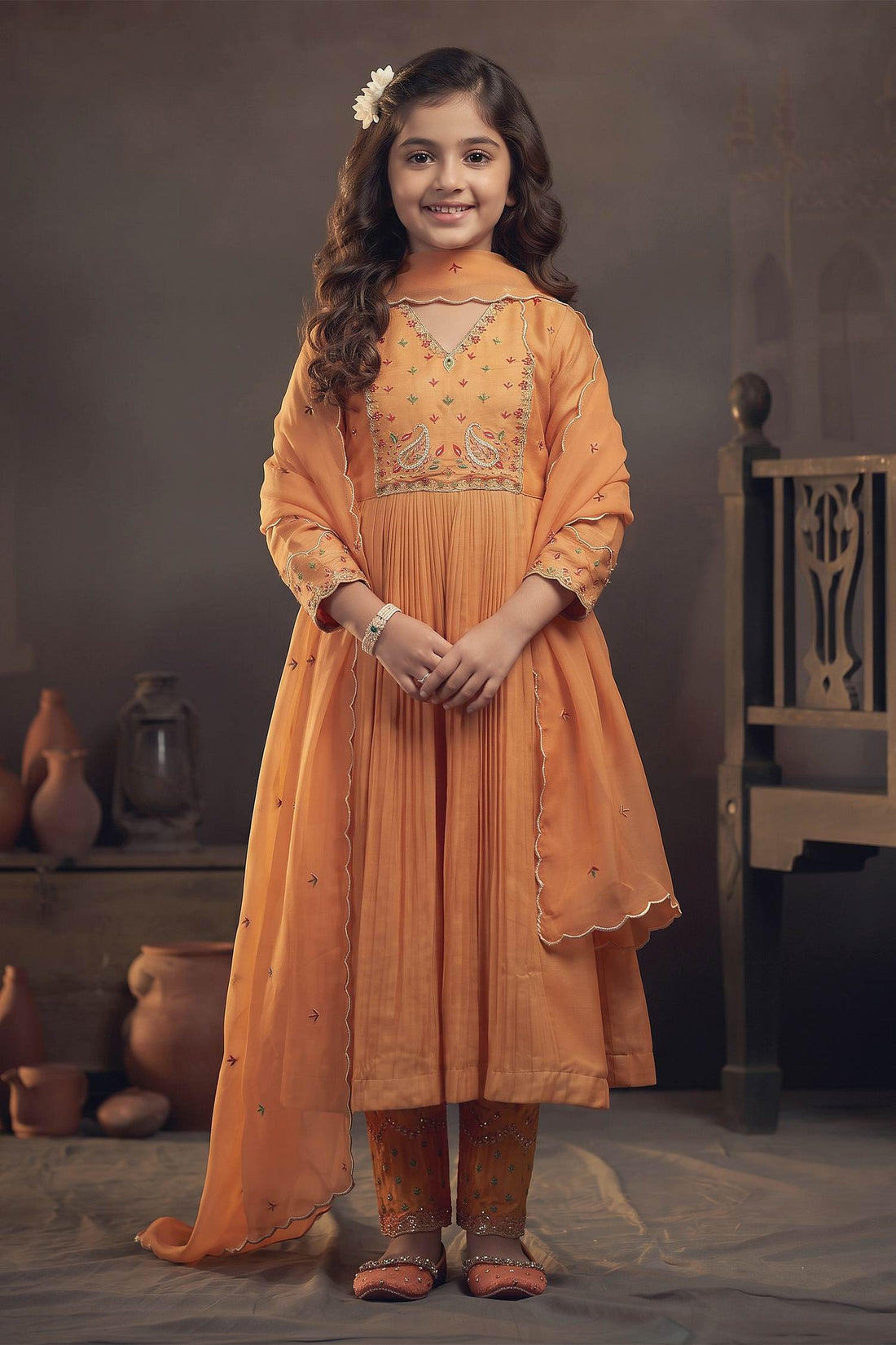 Hirika & Dhruti Yellow Dupatta Organza, Pant Cotton, Kurta Gajji Embroidered Gathered Set For Kids