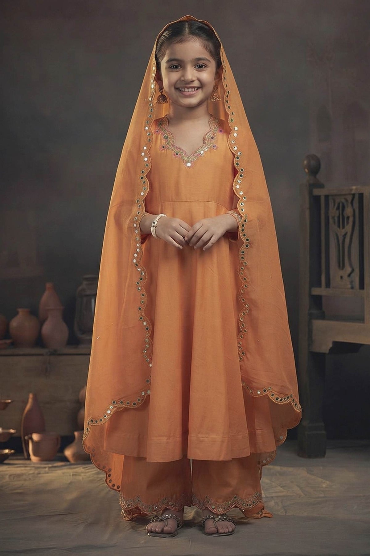 Buy Hirika &amp; Dhruti Yellow Organza, Cotton Silk Floral, Embroidered Neckline Anarkali Pant Set For Kids at Aza Fashions
