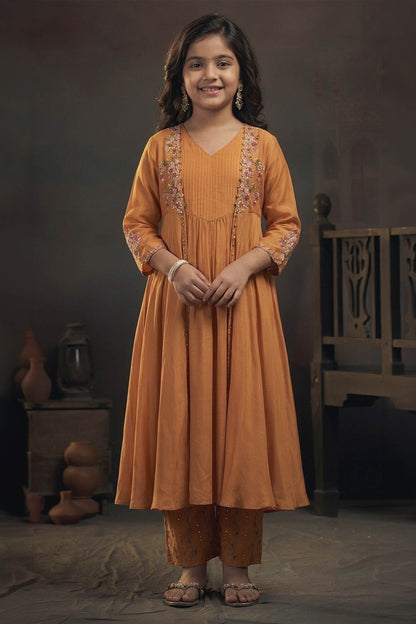 Buy Hirika &amp; Dhruti Yellow Cotton Silk Floral, Sequins, Thread Embroidered Jacket Kurta And Pant Set For Kids at Aza Fashions