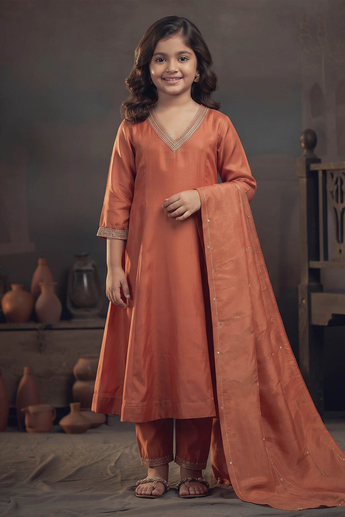 Buy Hirika &amp; Dhruti Orange Dupatta Tissue, Kurta Silk Chanderi, Embroidered Neckline Kali Set For Kids at Aza Fashions