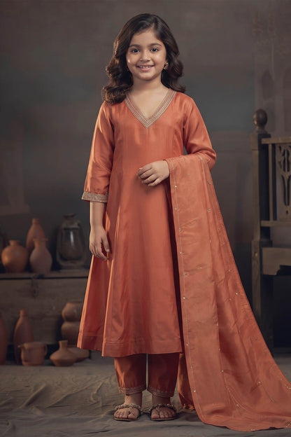 Buy Hirika &amp; Dhruti Orange Dupatta Tissue, Kurta Silk Chanderi, Embroidered Neckline Kali Set For Kids at Aza Fashions