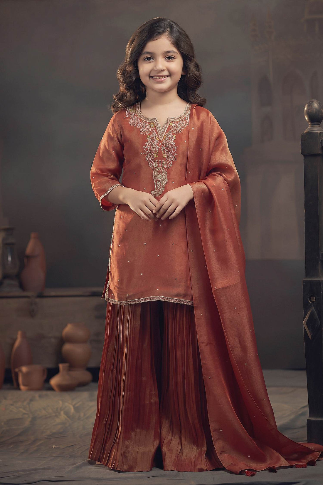 Buy Hirika &amp; Dhruti Orange Tissue Pita, Rose Embroidered Kurta Sharara Set For Kids at Aza Fashions