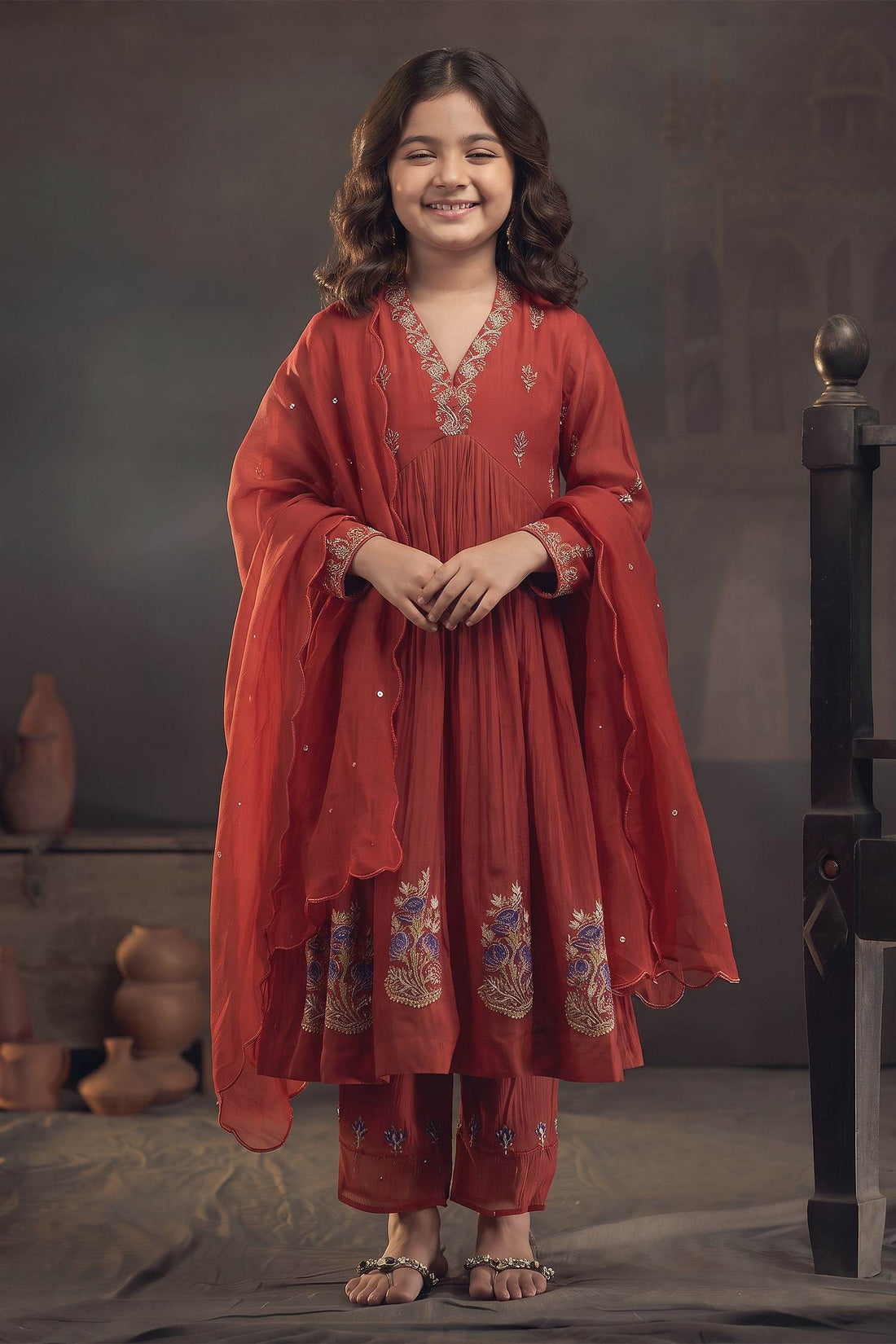 Buy Hirika & Dhruti Red Chanderi Floral, Marodi Embroidered Anarkali Pant Set For Kids at Aza Fashions