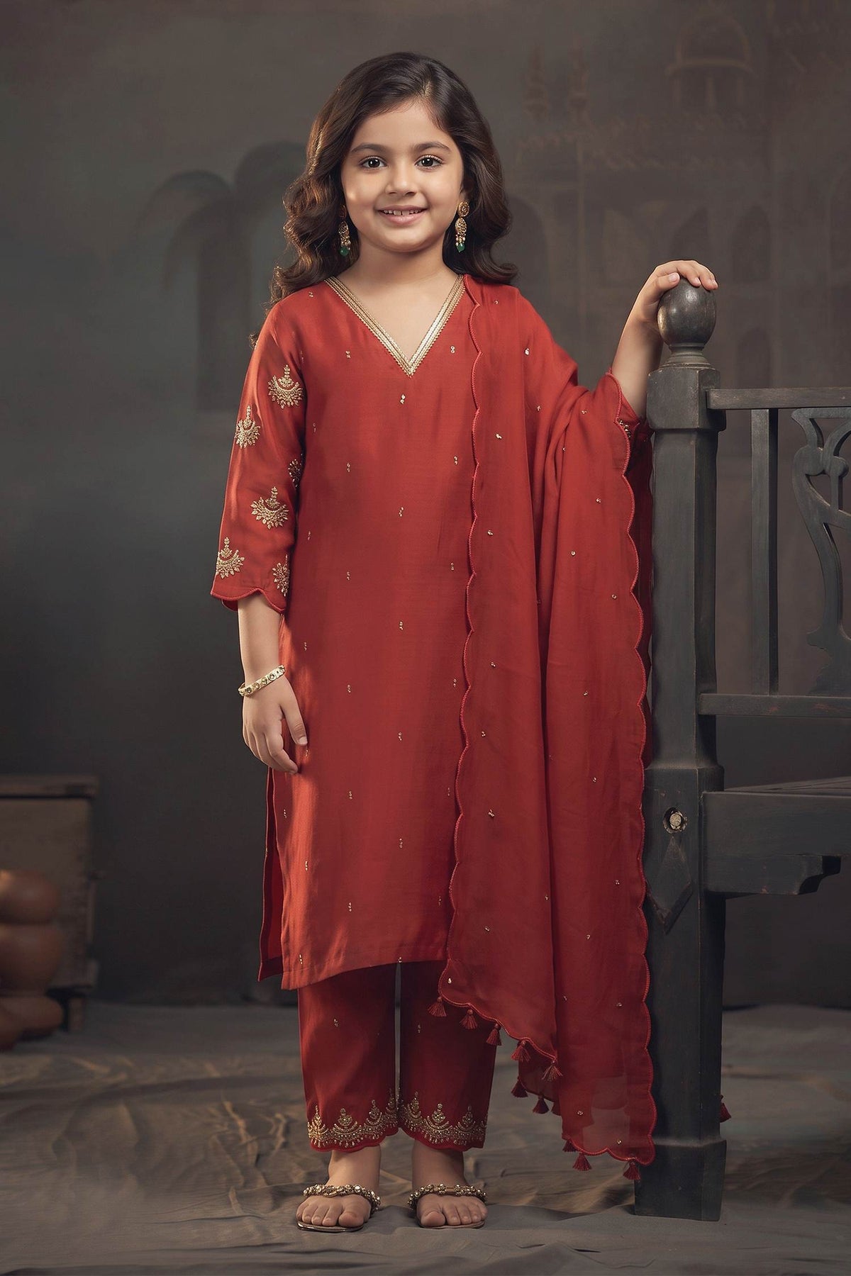 Buy Hirika &amp; Dhruti Red Dupatta Organza, Kurta Silk Chanderi, Pant Cotton Embroidered Set For Kids at Aza Fashions