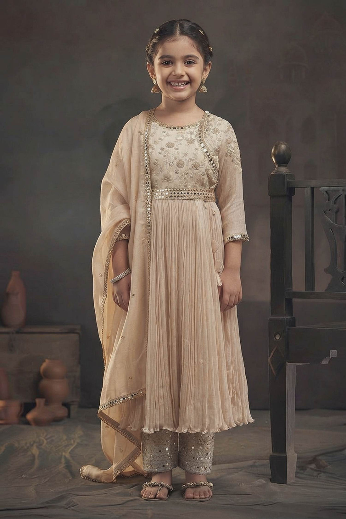 Buy Hirika &amp; Dhruti Beige Tissue, Chinnon Floral, Zardozi Embroidered Pleated Anarkali Set For Kids at Aza Fashions