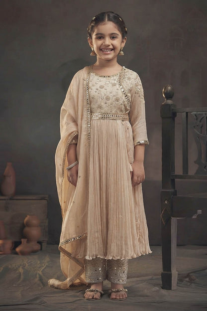 Buy Hirika &amp; Dhruti Beige Tissue, Chinnon Floral, Zardozi Embroidered Pleated Anarkali Set For Kids at Aza Fashions