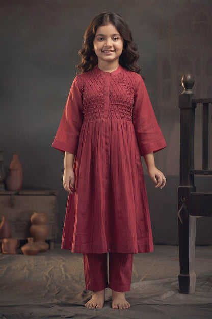 Buy Hirika &amp; Dhruti Maroon Chanderi Smocked Gathered Kurta And Pant Set For Kids at Aza Fashions
