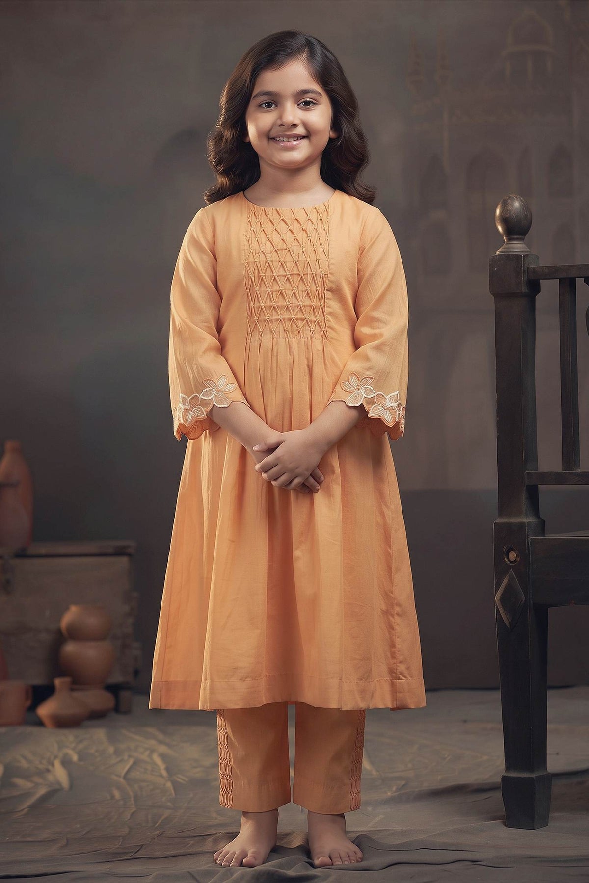 Buy Hirika &amp; Dhruti Yellow Chanderi Smocked Gathered Kurta With Pant For Kids at Aza Fashions