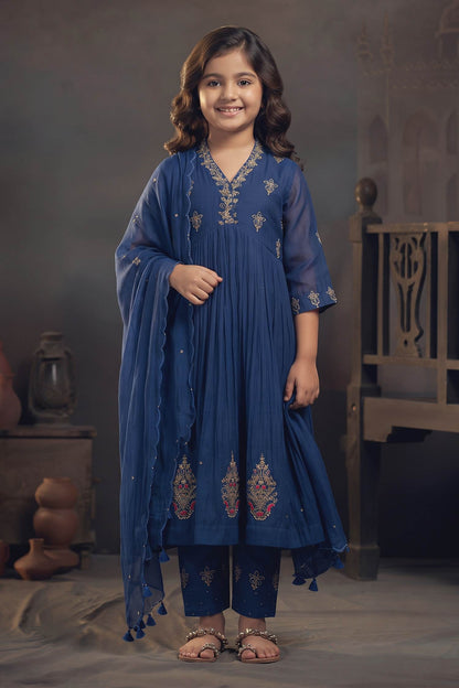 Buy Hirika &amp; Dhruti Blue Chanderi Floral, Marodi Embroidered Anarkali Set For Kids at Aza Fashions
