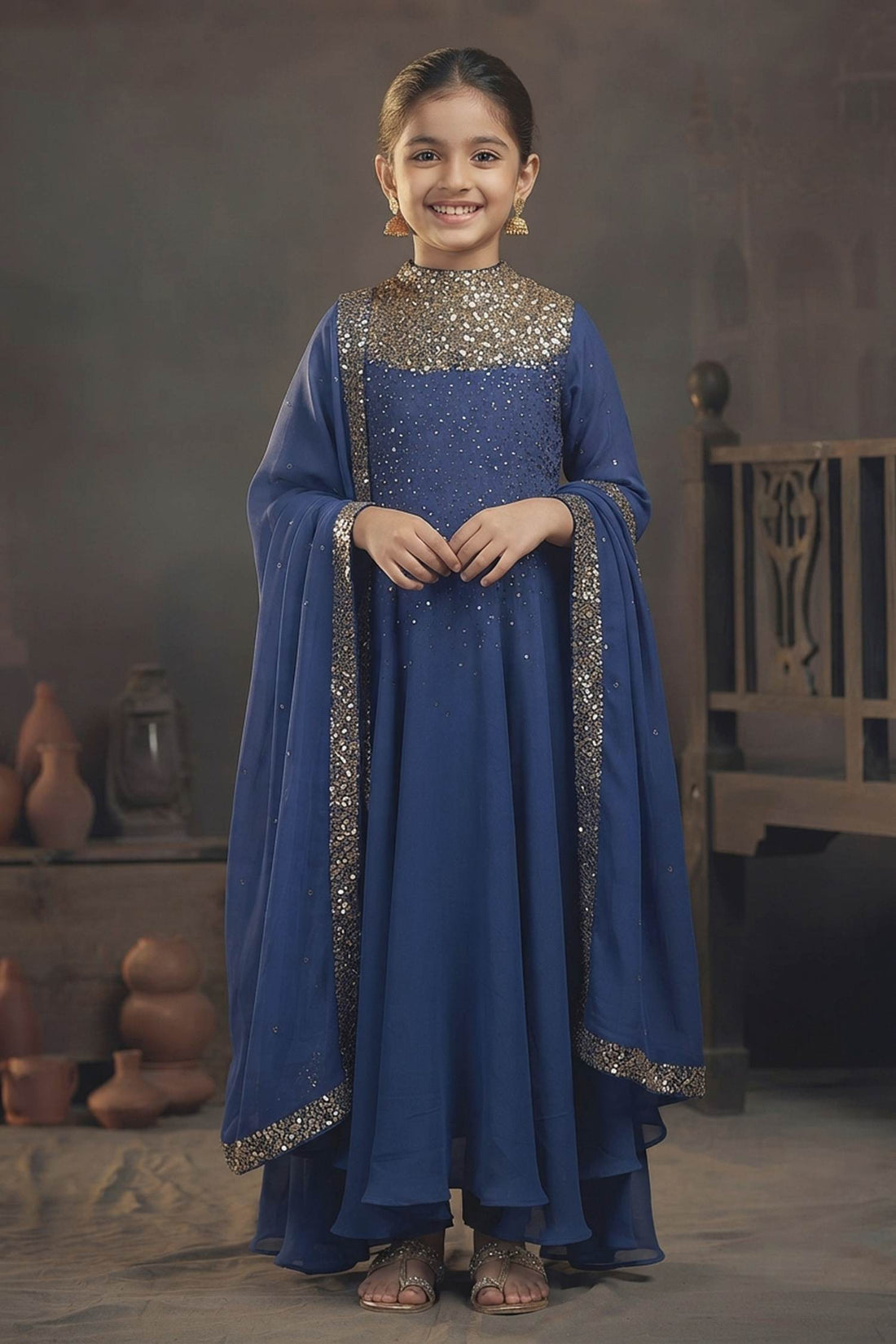 Buy Hirika &amp; Dhruti Blue Churidar Lycra, Dupatta Organza, Anarkali Chinnon Embroidered Set For Kids at Aza Fashions