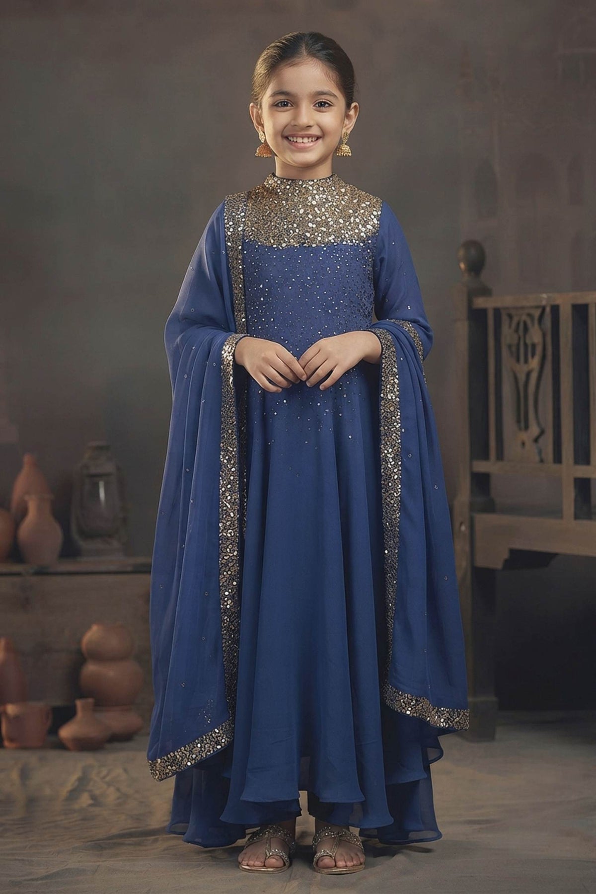 Buy Hirika &amp; Dhruti Blue Churidar Lycra, Dupatta Organza, Anarkali Chinnon Embroidered Set For Kids at Aza Fashions