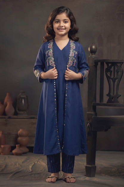 Buy Hirika &amp; Dhruti Blue Cotton Silk Floral, Sequins, Thread Embroidered Jacket Kurta And Pant Set For Kids at Aza Fashions
