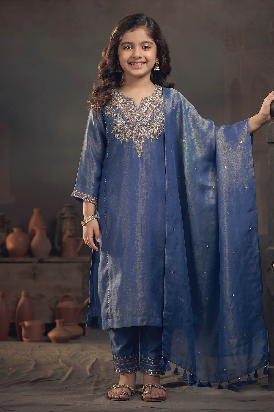 Buy Hirika &amp; Dhruti Blue Tissue Zardozi Embroidered Kurta Pant Set For Kids at Aza Fashions