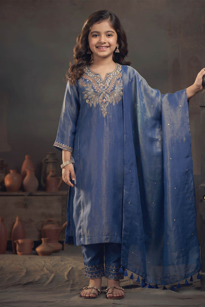 Buy Hirika &amp; Dhruti Blue Tissue Zardozi Embroidered Kurta Pant Set For Kids at Aza Fashions