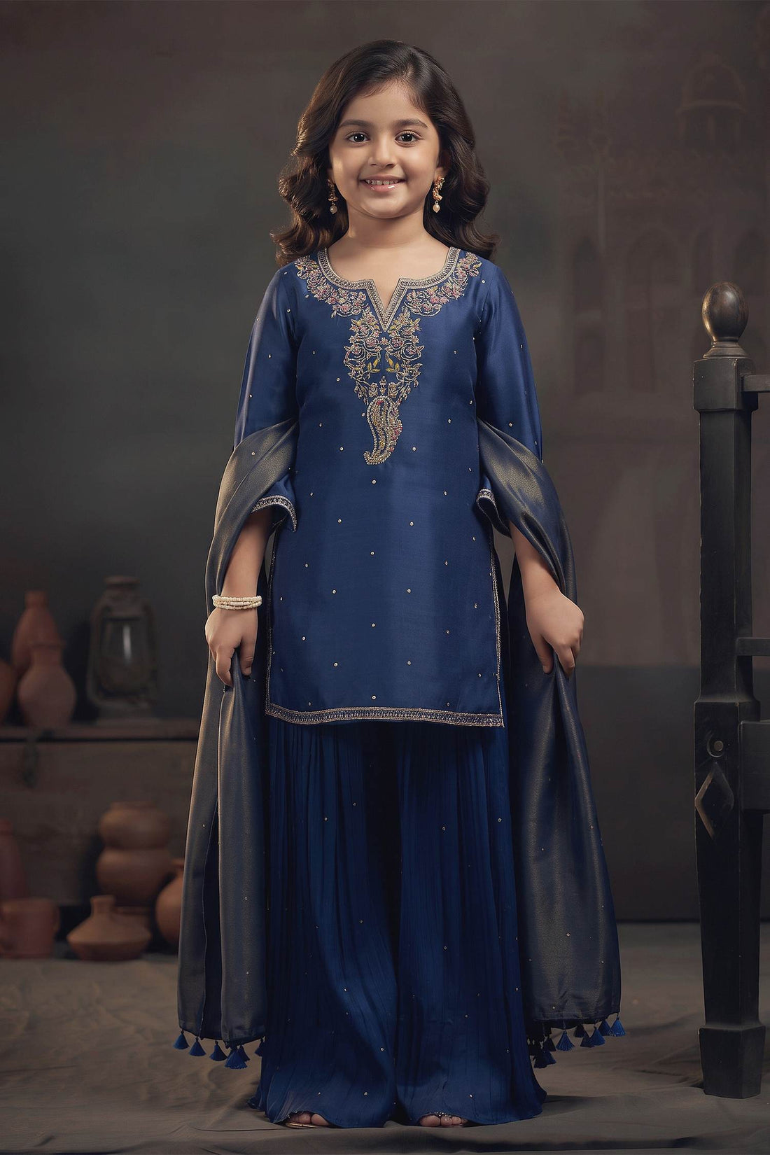 Buy Hirika &amp; Dhruti Blue Tissue Pita, Rose Embroidered Kurta Sharara Set For Kids at Aza Fashions