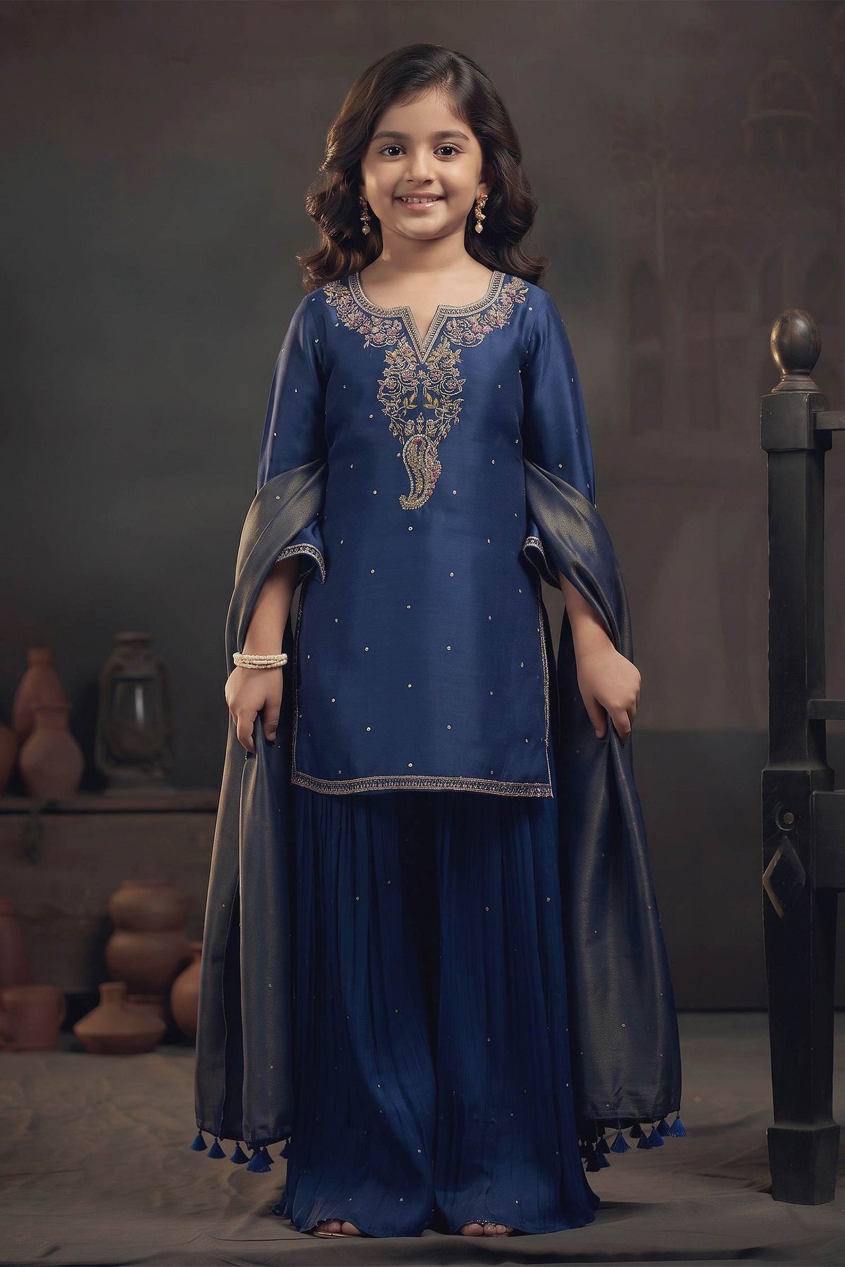 Buy Hirika &amp; Dhruti Blue Tissue Pita, Rose Embroidered Kurta Sharara Set For Kids at Aza Fashions