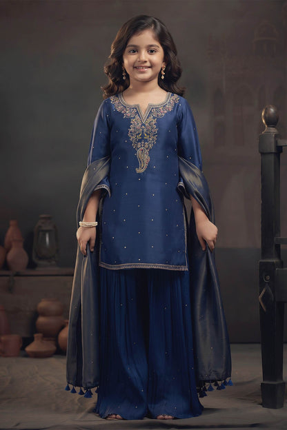 Buy Hirika &amp; Dhruti Blue Tissue Pita, Rose Embroidered Kurta Sharara Set For Kids at Aza Fashions