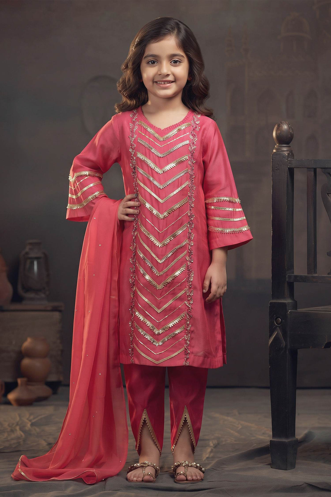 Buy Hirika &amp; Dhruti Pink Organza, Cotton Silk Gota Work Kurta Dhoti Pant Set For Kids at Aza Fashions